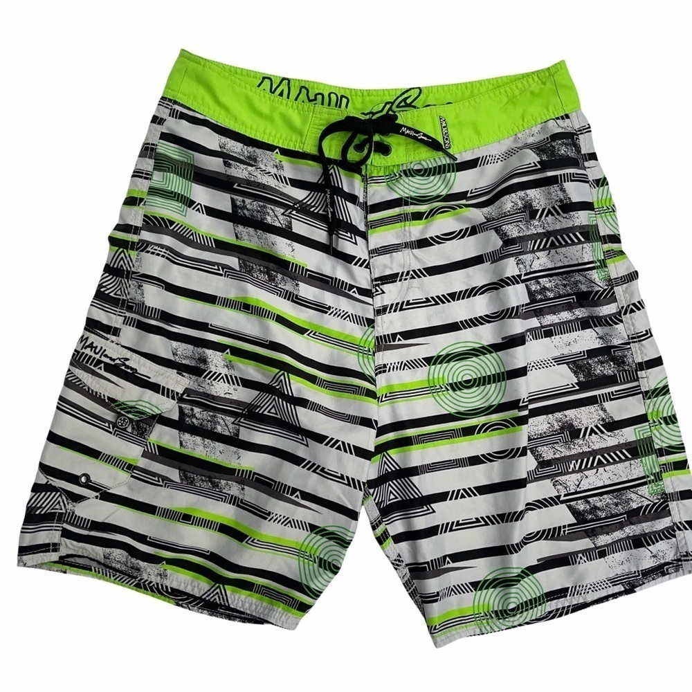 Maui and Sons Green Black Flat Front Board Shorts